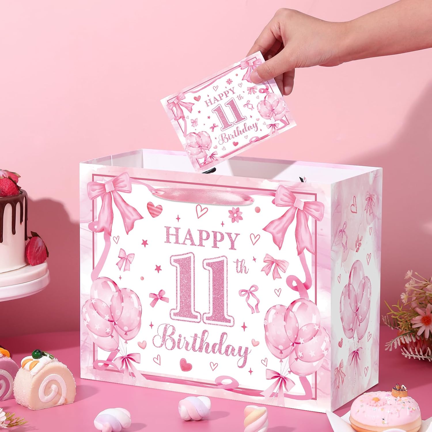 Large 11th Birthday Gift Bag for Girls Pink Bow 11 Year Old Gift Bags with Wrapping Paper and Greeting Card Happy 11th Birthday Party Favor Bag for Girls Eleven Years Old Gifts Decorations Supplies - Image 4