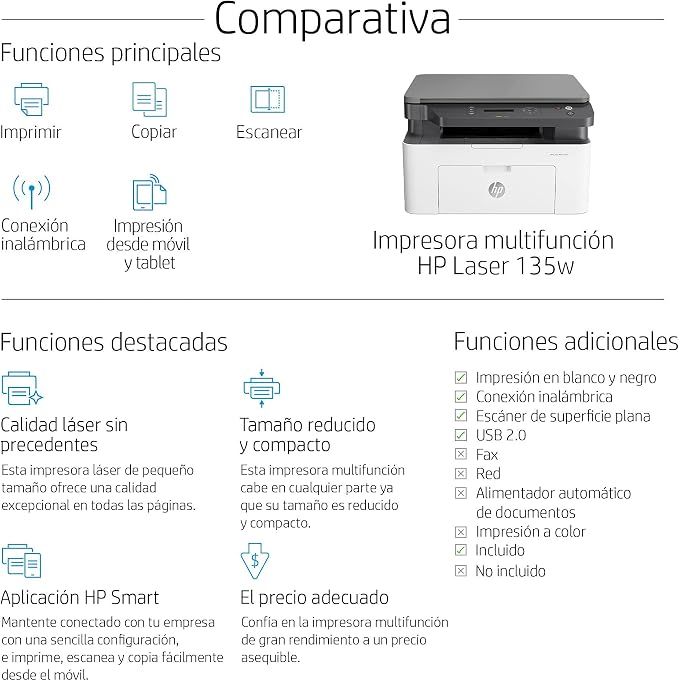 HP Impresora multifunción láser 135 W : Hp: Amazon.es: Informática
