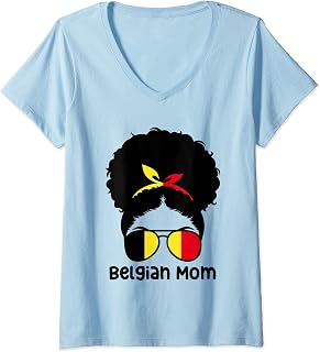Womens Belgian Mom Afro Bun Mothers Day Belgium V-Neck T-Shirt
