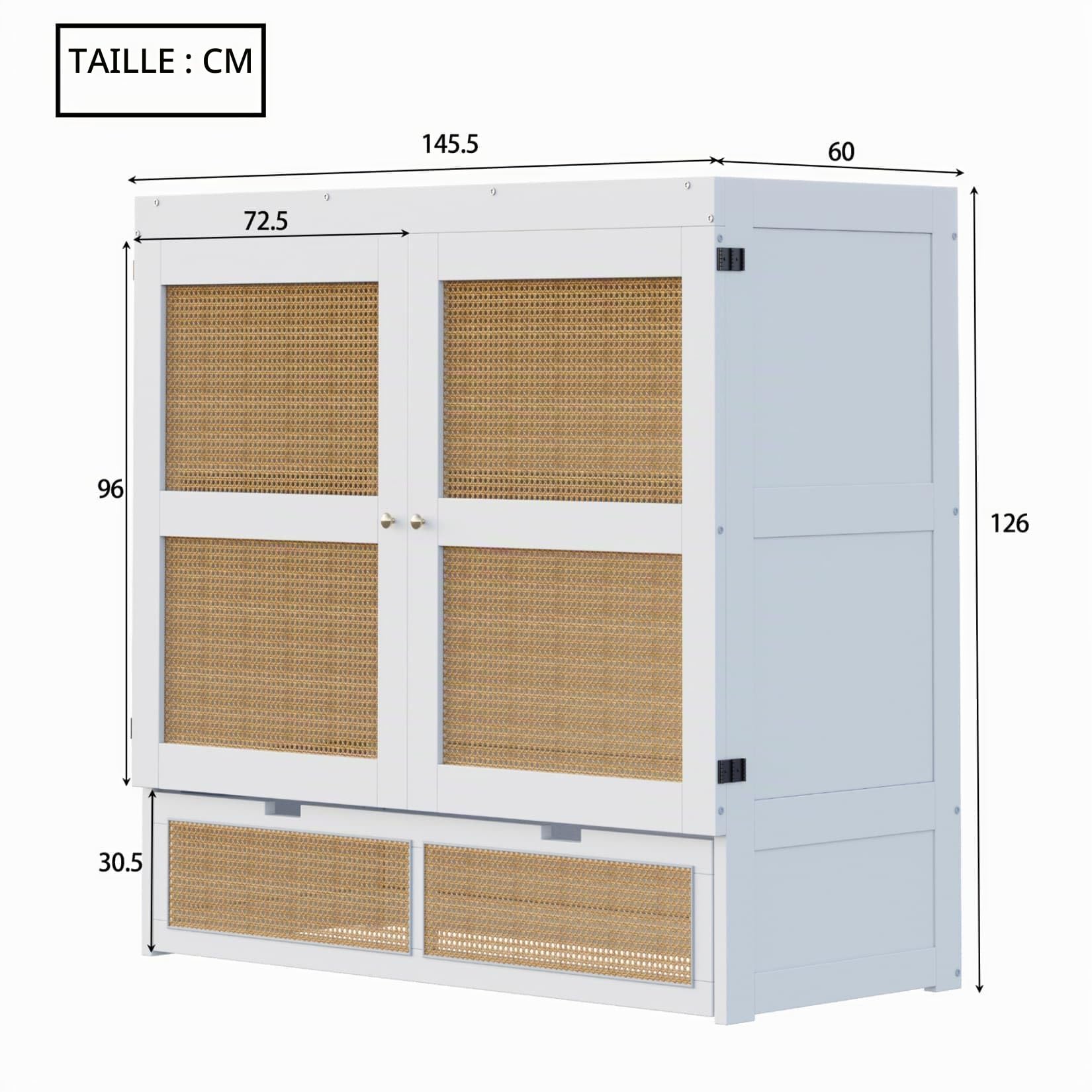 PUGSDRLY Lit Escamotable 140x200cm,Lit Pliant 2 Personnes avec 2 Tiroirs de Rangement,d'appoint,Mural,Cadre en Bois pour Adulte Adolescent Enfant,Design Rotin,sans Matelas (Blanc)