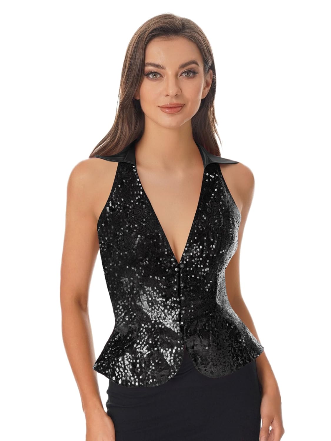 JEATHA Womens Sparkly Sequin V-Neck Vest Top for Party Club Nightclub Evening Womens Vest Glamorous Outfit