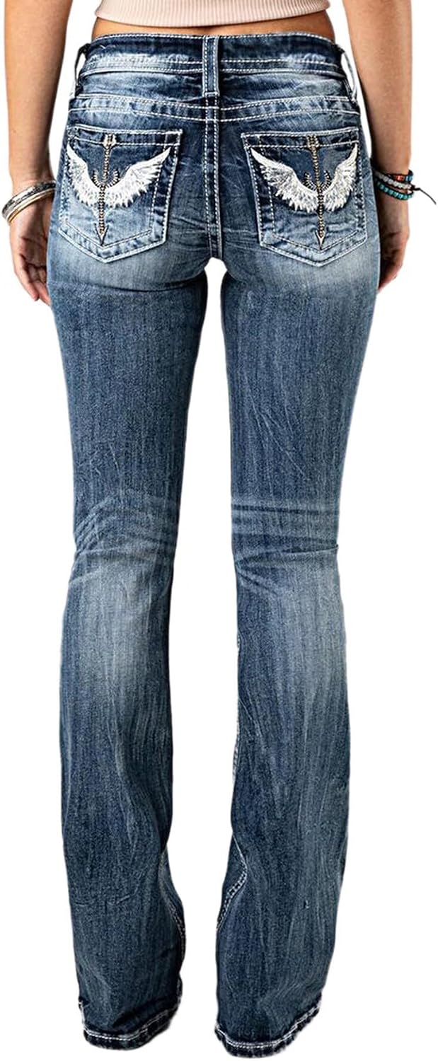Flamingals Mid Waist Boot Cut Jeans for Women Straight Leg Trendy Embroidery Denim Pants