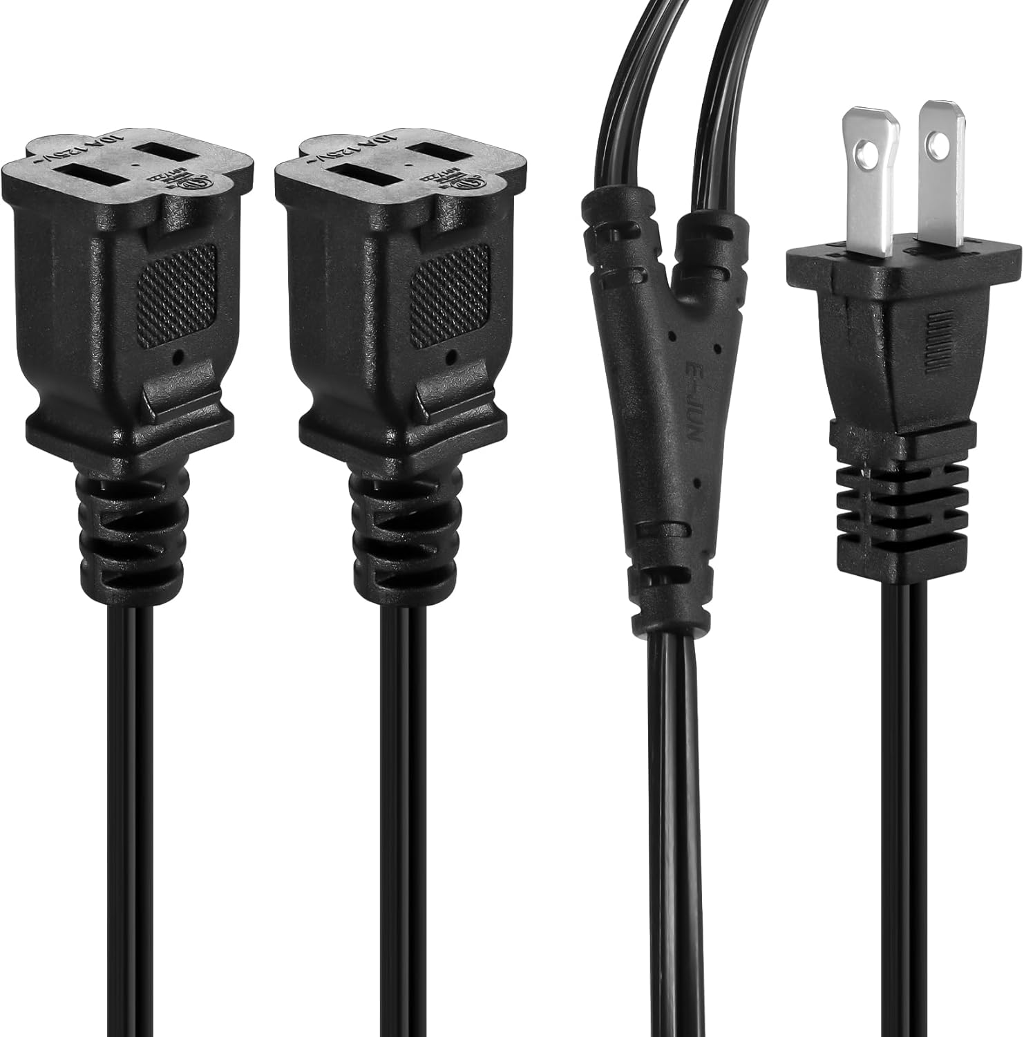 VSEER NEMA 1-15P to Dual 1-15R Y Splitter Cord, 2 Prong Extension Cord US AC Male and 2 x Female Power Cable SPT2 18AWG 10A/125V, 2-Outlet Saver Power Extension Cord Cable Black, 2FT