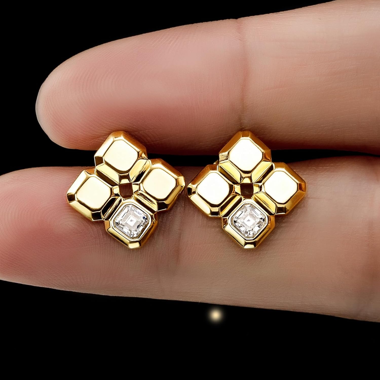 Asscher Cut Moissanite Studs Lab Created Diamond Earrings for Women 14K Yellow Gold Plated Pixel Rhombus Shaped Gift for Her GRA Certified 0.18 CT Each