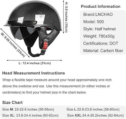 Miniatura 6 de Medio casco de motocicleta de fibra de carbono para adultos, hombres y mujeres, cascos retro de cara abierta aprobados por DOT con visera, diseño