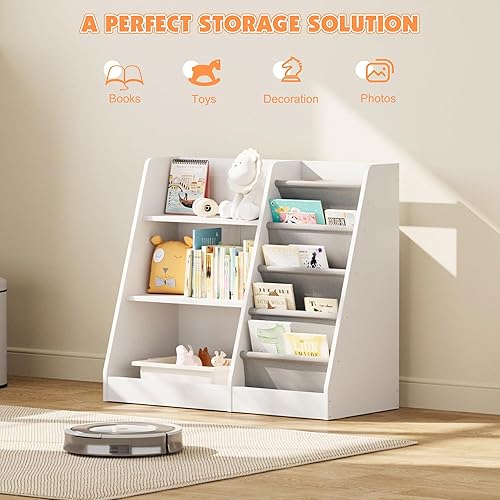 Miniatura 4 de NACHES Estantería infantil de 3 niveles de madera con 4 eslingas para niños, estante ajustable para libros, organizador de almacenamiento de