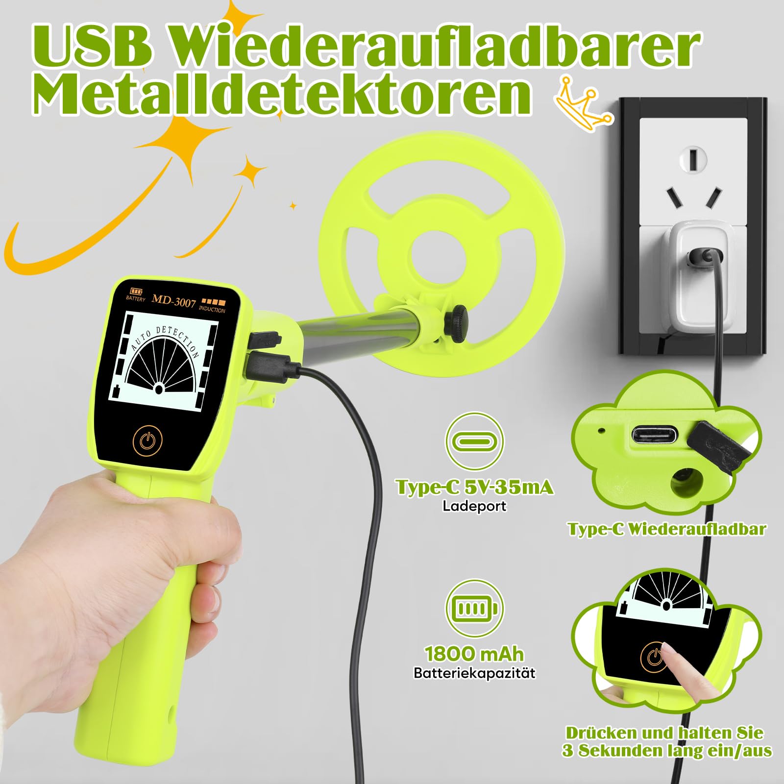 Metalldetektor Kinder, Canvage Verstellbarer 61-89cm Kinder Metal Detector– mit USB-C Aufladbar und LCD Display, Outdoor Set Für Jungen und Mädchen Schatzsuche am Strand, Garten oder Park – Grün