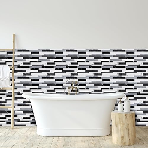 Miniatura 7 de 10 hojas de azulejos más gruesos para despegar y pegar, azulejos autoadhesivos para pared, diseño de piedra negra, para cocina, baño, lavandería,