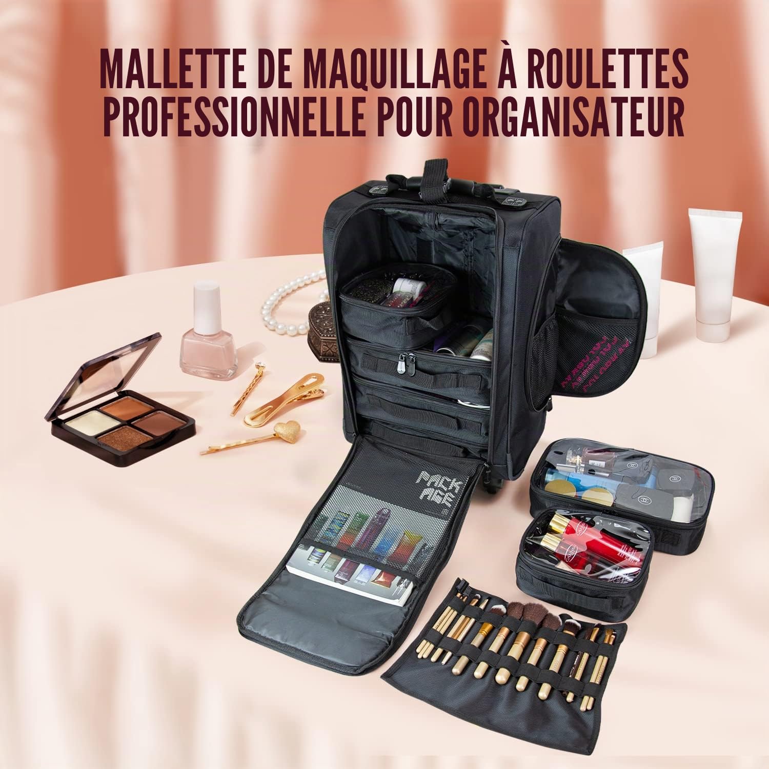 Mallette Maquillage en Nylon Souple à roulettes avec Pochettes, Organiseur Cosmétique Portatif de, Noir