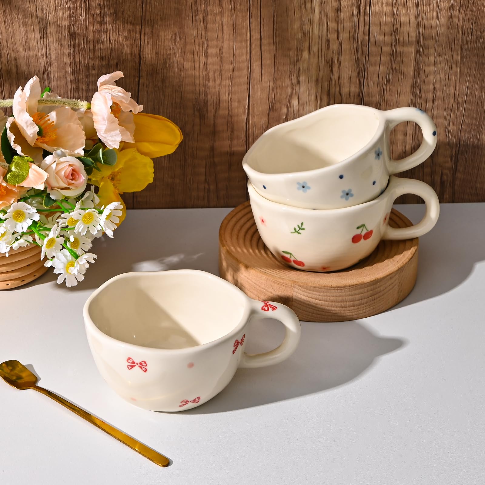 Koythin Ceramic Coffee Mug 8.5oz - Handmade Dot Blue Flower Design Tea Cup