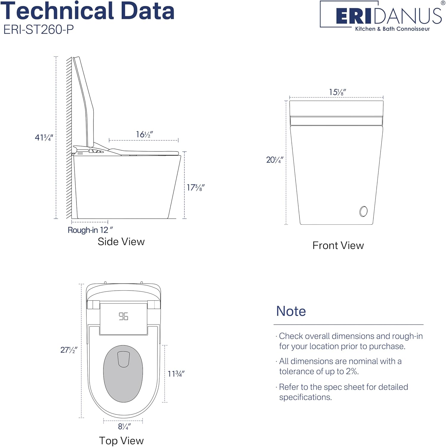 Eridanus One Piece Smart Toilet with Bidet Built in, Electric Bidets with Warm Water Sprayer and Air Dryer, Auto Flush & Lid, ADA Height Elongated Heated Seat, Foot Sensor, Modern Tankless Toilets