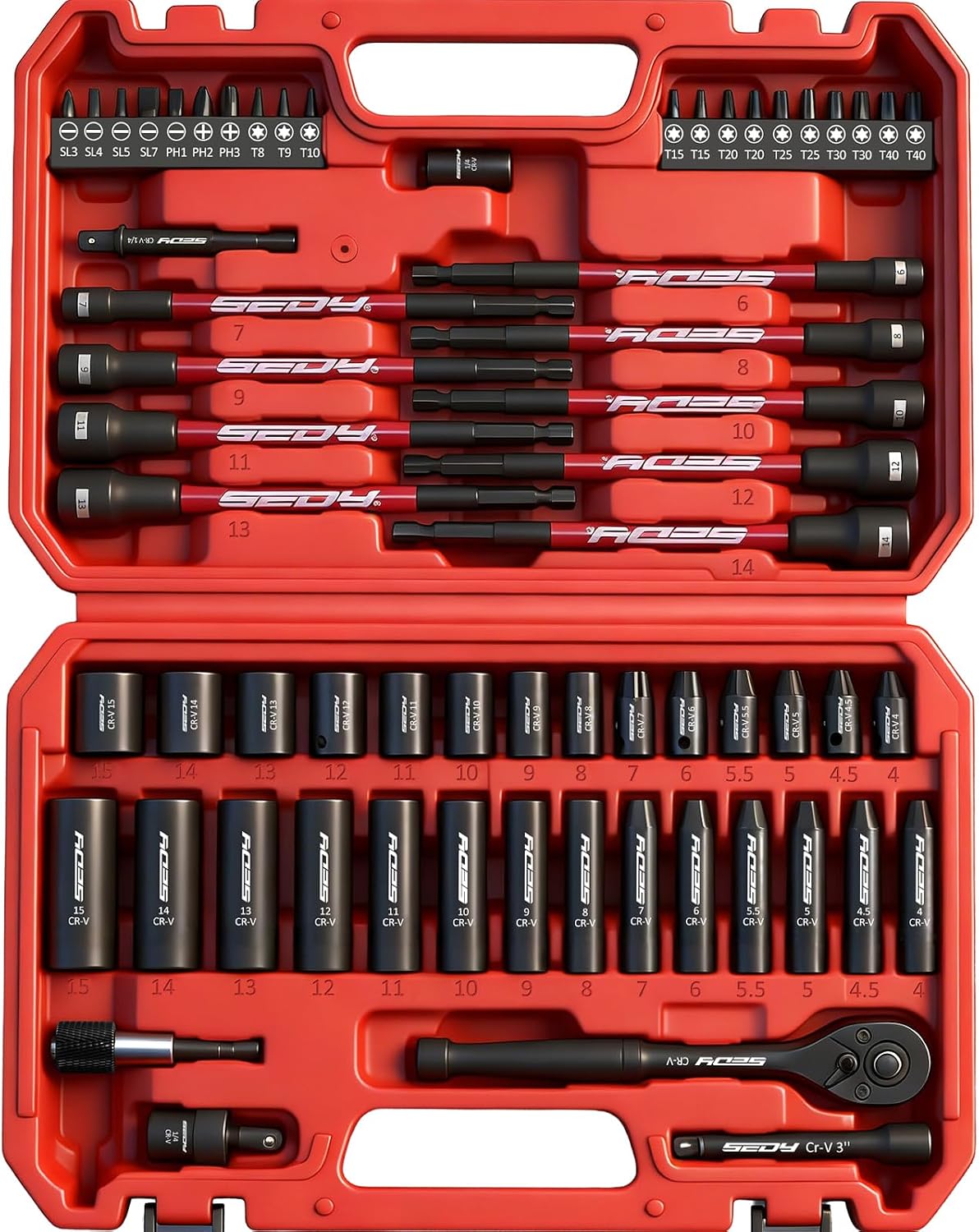 63-Piece Metric 1/4" Drive Socket Set & Nut Driver Set, Impact Standard & Deep Socket Set (4-15mm), 1/4" Hex Shank 6" Magnetic Nut Drivers, Extension Bar, Quick-Release Ratchet handle, Universal Joint