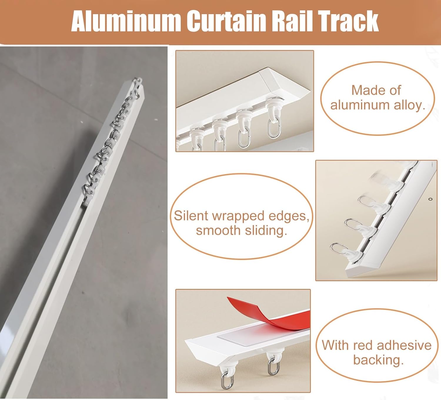 Vibeo Self Adhesive Curtain Track Ceiling Mount Set, No Drill Aluminum Sliding Curtain Rail for Windows Closets, Home Blackout Room Divider Rod(White,1.0m(3.3ft))