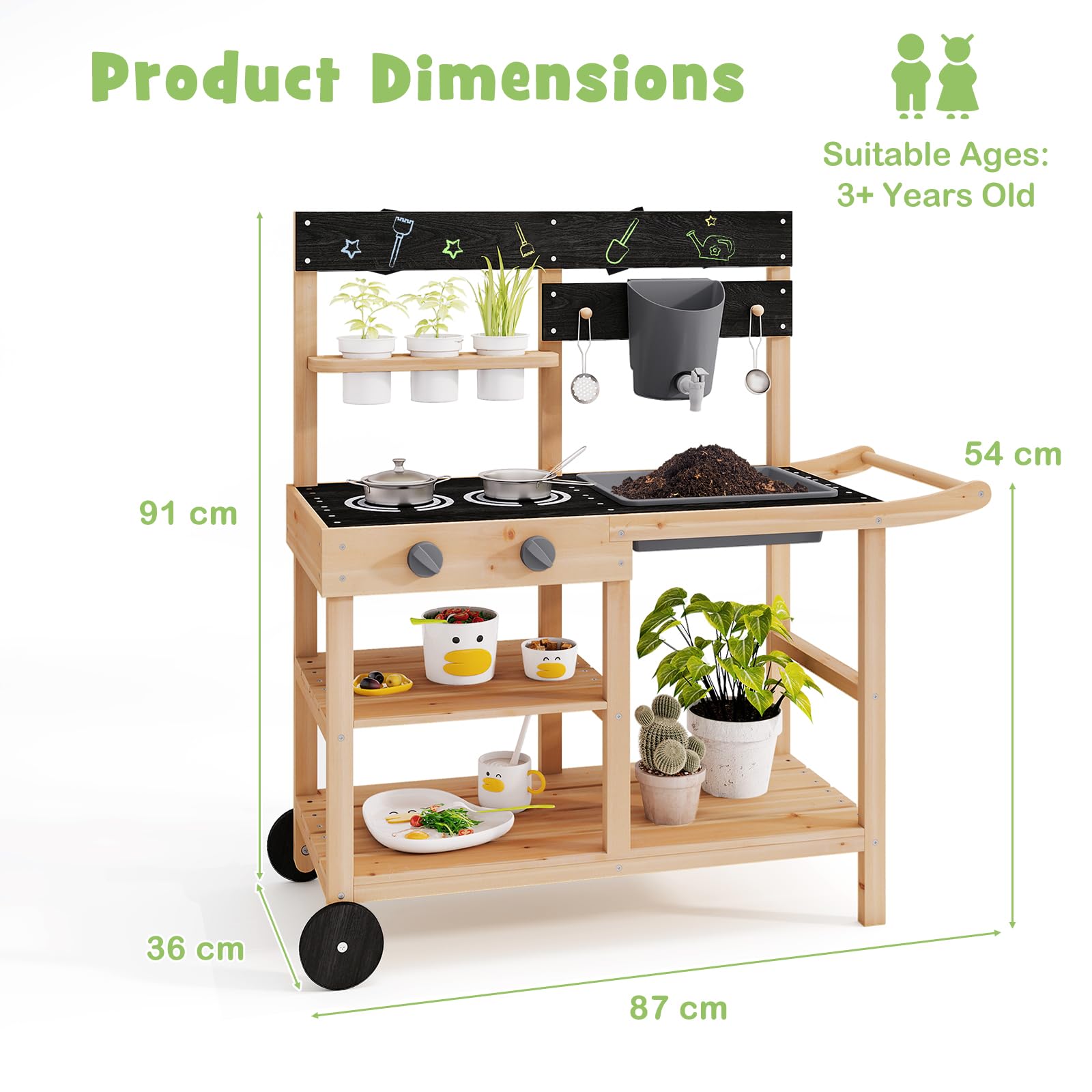 HOMASIS Matschküche Kinder Outdoor, Kinderküche mit Wassertank Spülen Herd Kreidertafel & Pflanztöpfen, Holz Gartenküche mit 10 Zubehör & Rollen, Spielküche mit Haken & Regalen, für Kinder ab 3 Jahren