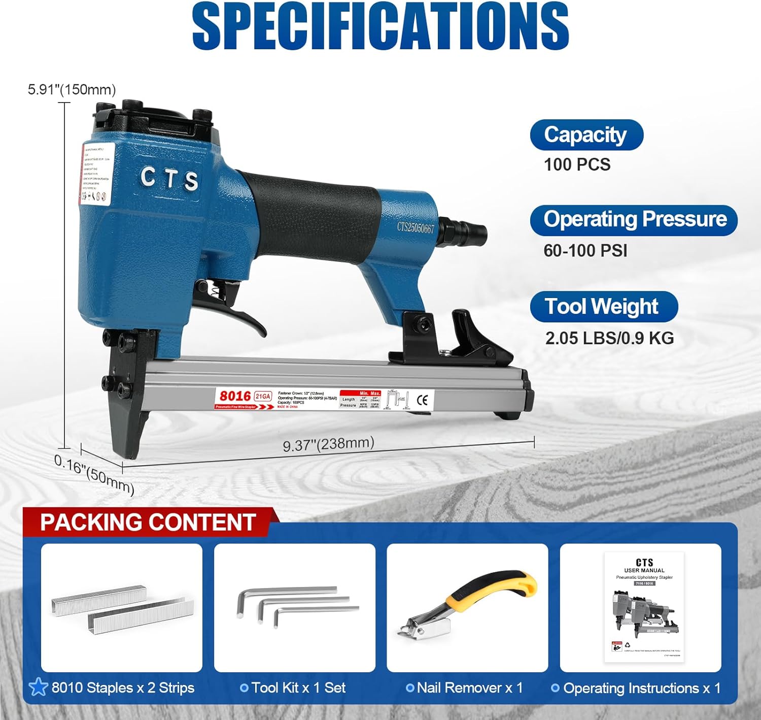 CTS 8016 Pneumatic Upholstery Staple Gun for 21 Gauge 80 Series 1/2" (12.8 mm) Crown 1/4" to 5/8" (6.0-16.0 mm) Length Staples, Air Stapler for Furniture and Interior Decoration