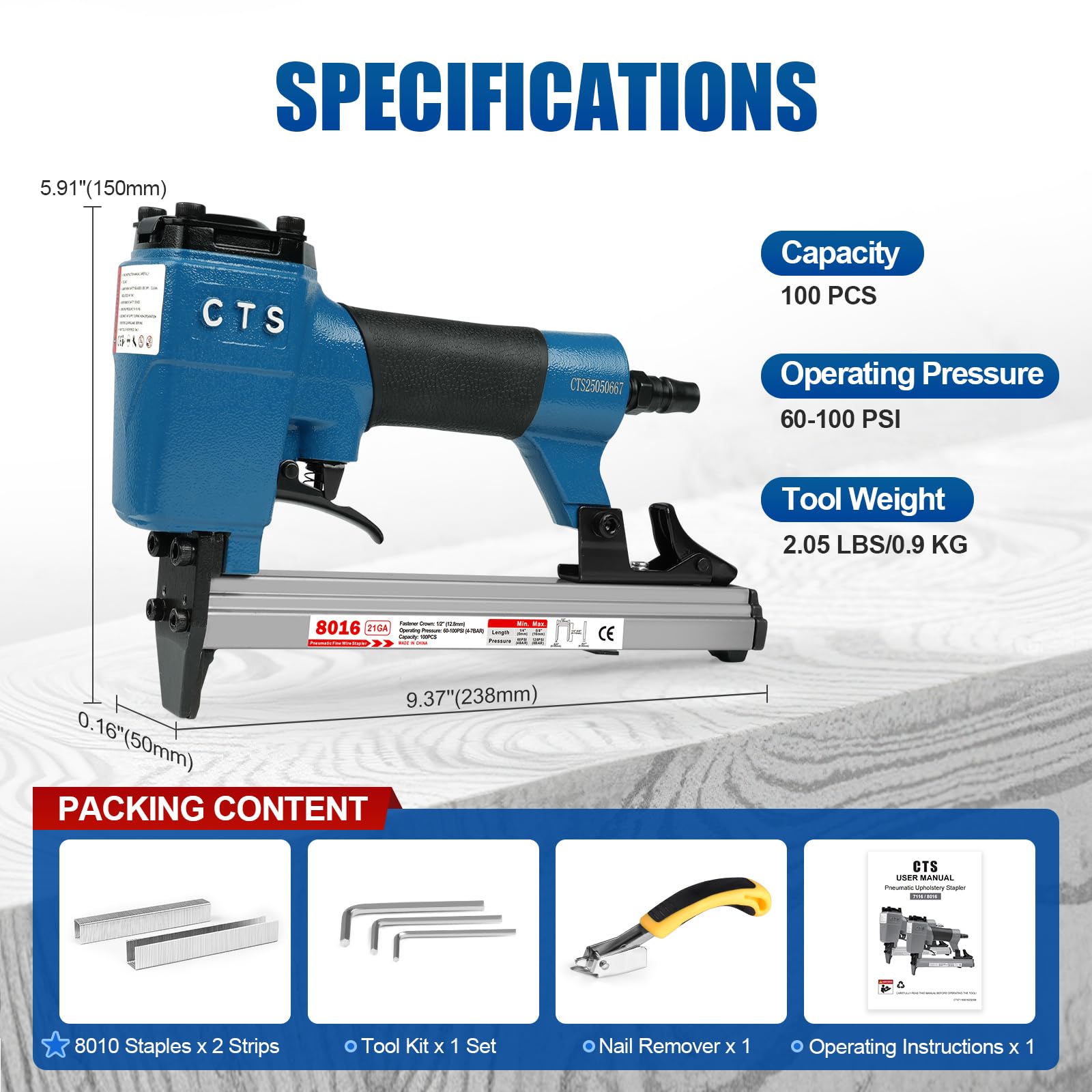 CTS 8016 Pistola pneumatica per graffette da tappezzeria calibro 21 serie 80 corona 1/2" (12,8 mm) lunghezza graffette da 1/4" a 5/8" (6,0-16,0 mm), pinzatrice pneumatica per mobili e decorazione
