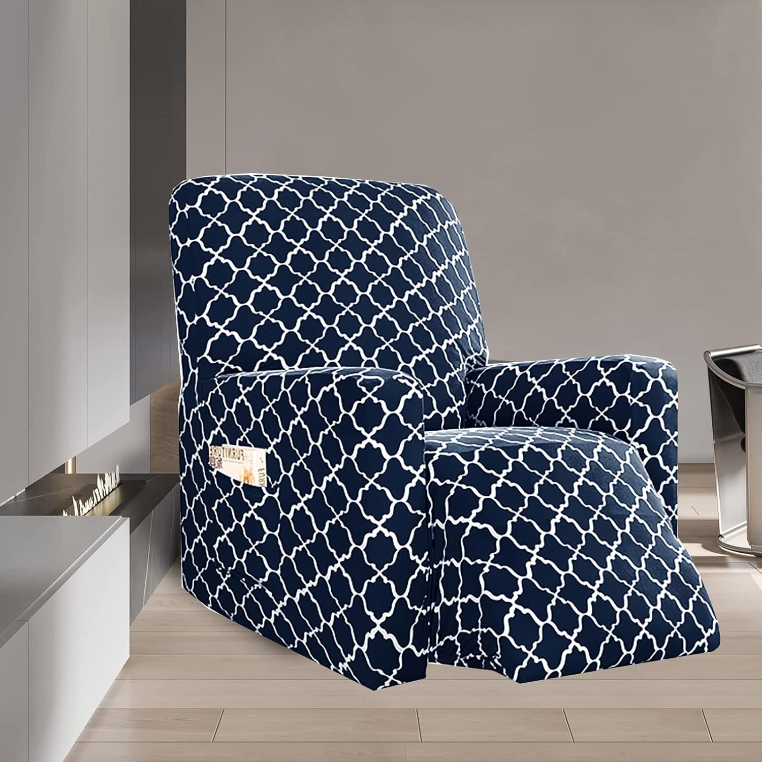 1 Piece Stretch Recliner Cover, Printed Spandex Recliner Chair Cover Universal Washable Cover for Recliner Chair with Pocket -Navy Blue-1 Piece