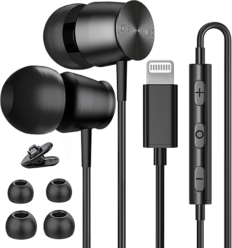 Auriculares Lightning para iPhone 13, 14, 12 Pro Max, con certificación MFi con micrófono, aislamiento de ruido, auriculares estéreo de graves