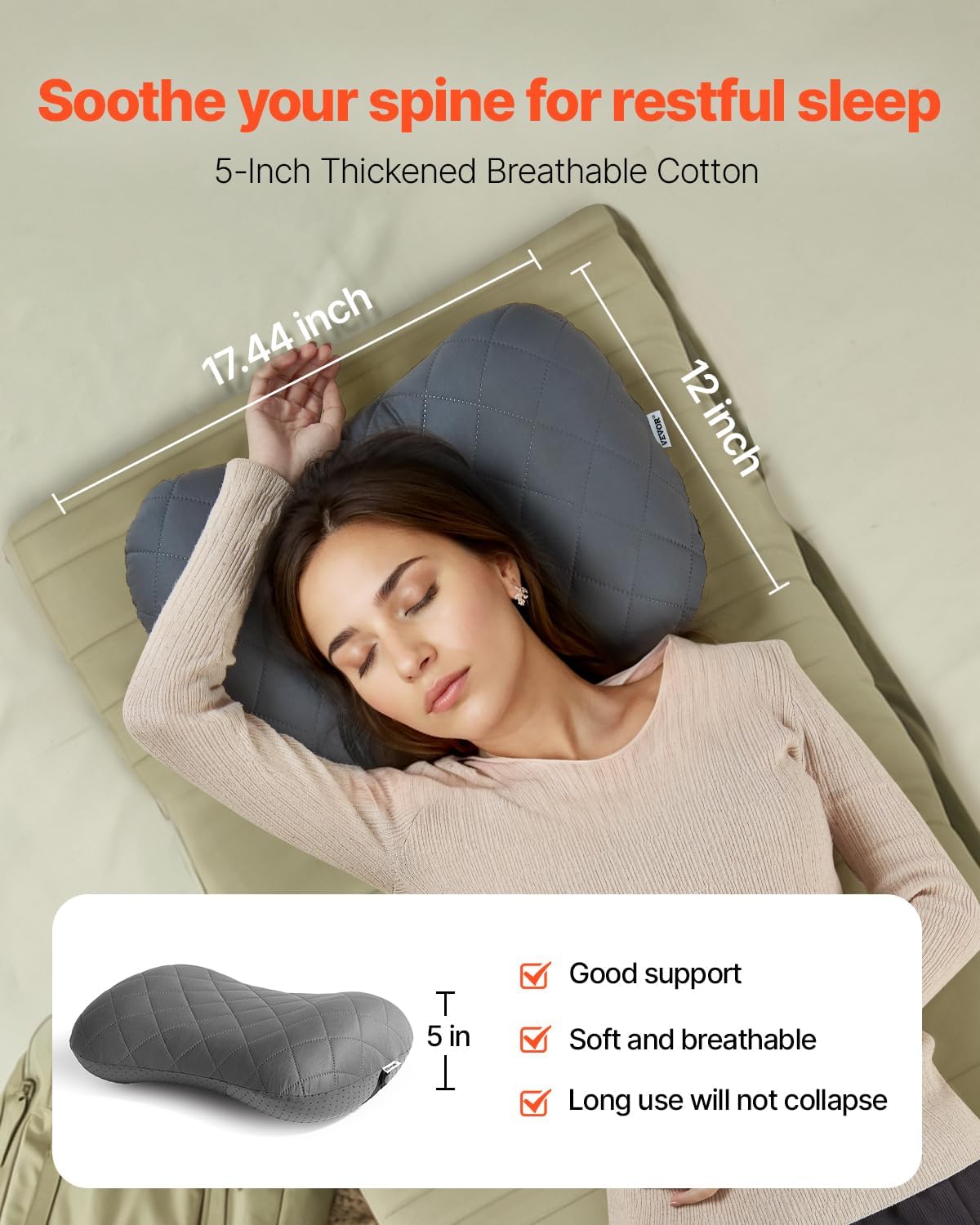 VEVOR Inflatable Camping Pillow, 5-Inch Thickened Travel Pillow, Soft Backpacking Pillows with Removable & Washable Cover, Storage Bag, Lightweight and Portable for Camping, Air Travel, Hiking, Office