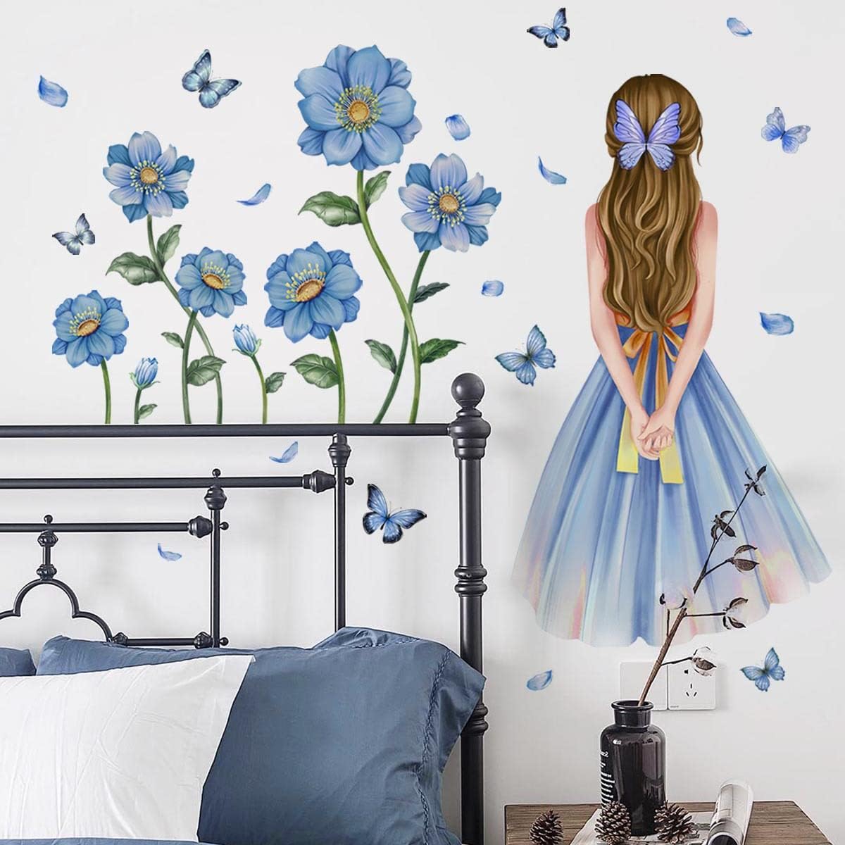 Baby Girl Wall Decals Blue Flower Butterfly Wall Sticker