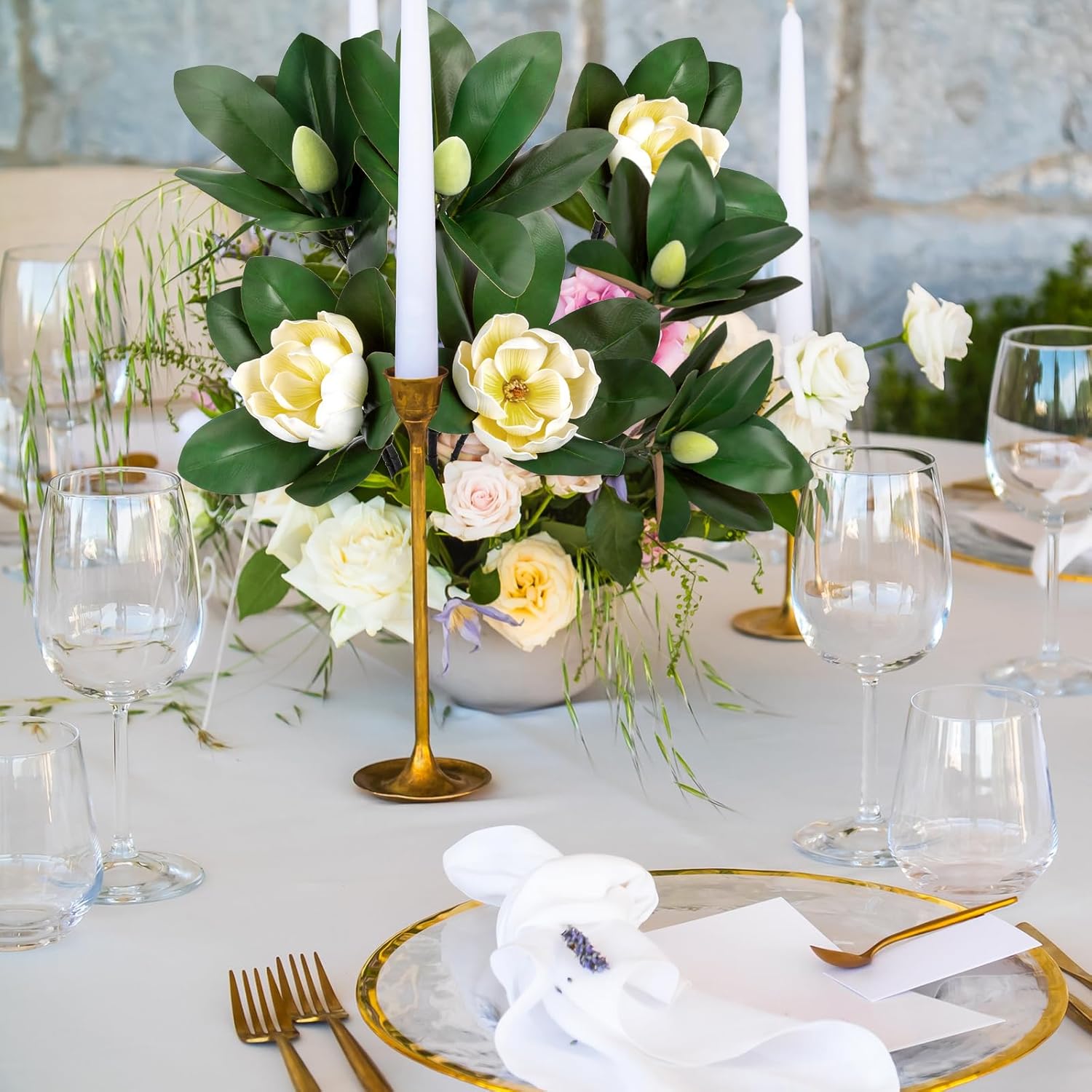 2PCS 35inch Artificial Magnolia Flowers with Green Magnolia Leaves and Fruit 3D Real Touch 2 Heads Long Stem Faux Magnolias Flower for Home Wedding Table Office Floral Arrangement Decoration (Cream)