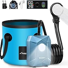 WADEO Ducha de Camping con batería, Bomba e iluminación, 120 Minutos de autonomía, Set de Ducha móvil con Manguera de 2 m y Cubo de Ducha para el jardín, Lavado de Coches, Mascotas, Playa y Viajes