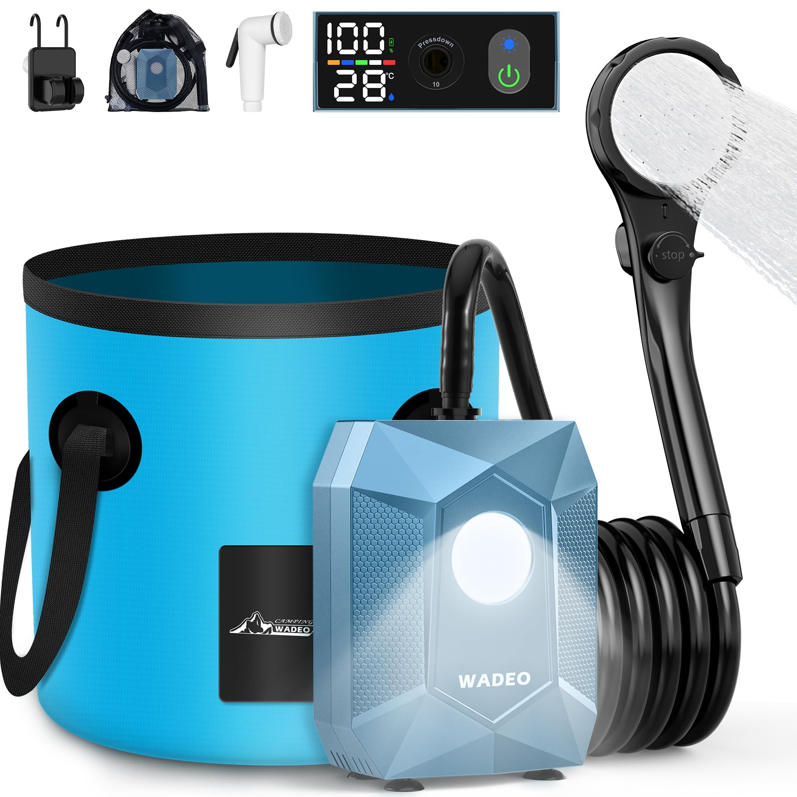 WADEO Doccia da Campeggio, [Secchio Pieghevole da 20L] [6000mAh] Pompa Doccia a Batteria Ricaricabile, Doccia Portatile per Spiaggia, Animali, Auto, Giardino