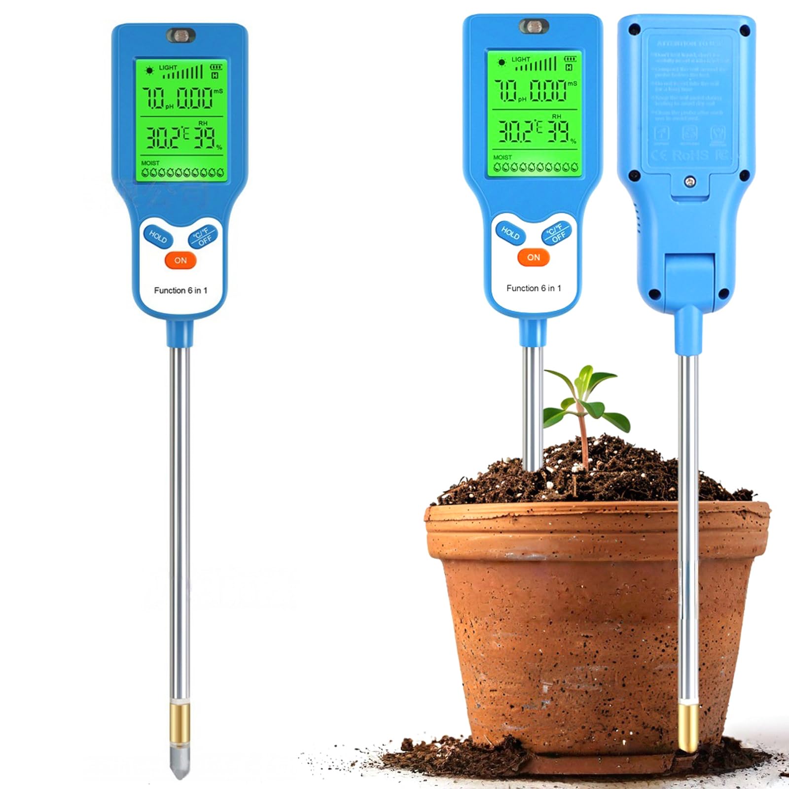Medidor de Suelo 6-in-1, Medidor Digital de Suelo + Gran Pantalla LCD Retroiluminada + Sonda de Alta Sensibilidad, Para Jardines en Macetas y Horticultura