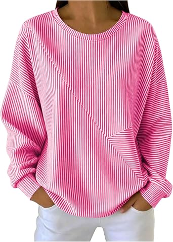 Womens Long Sleeve Sweatshirts Oversized Crewneck Color Block Pullover Top Casual Lightweight Blouse Loose Fit Tops