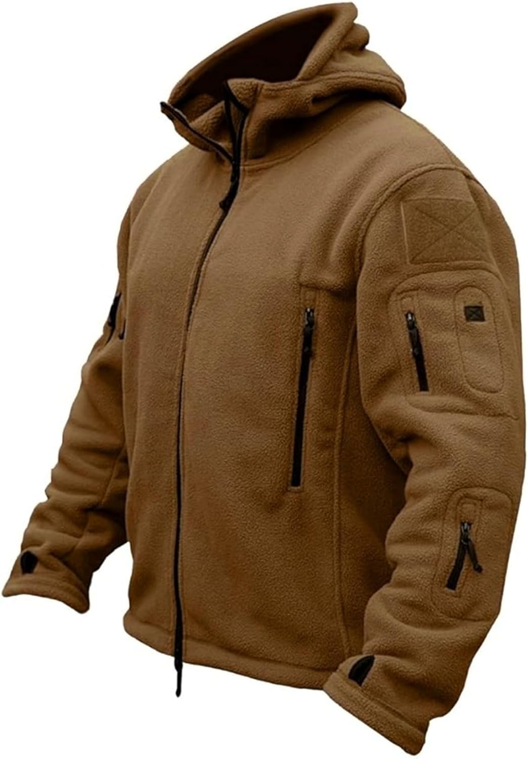 Rugged Brown Fleece Hoodie with Tactical Pockets