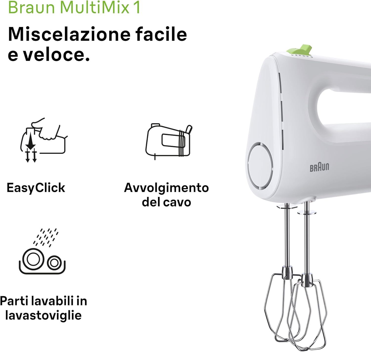 Braun MultiMix2 HM1110WH Sbattitore Modello 2024, 4 Velocità + Turbo, Dotato di 2 Fruste in Acciaio Inox e 2 ganci in acciaio inox, Motore Silenzioso, Leggero e Pratico, potenza 500watt, Bianco Bianco Modello 2024 - Immagine 2