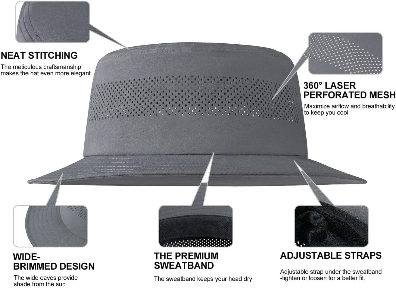 VOBOOM Outdoor Breathable Bucket Hat Adjustable Cooling Sun Hats with Laser Perforated Mesh for Hiking Beach Fishing