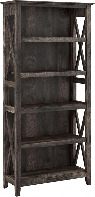 Bush Home Librería alta de 5 estantes para sala de estar u oficina en casa, estantería grande, estilo moderno de granja, colección Key West, nogal gris oscuro