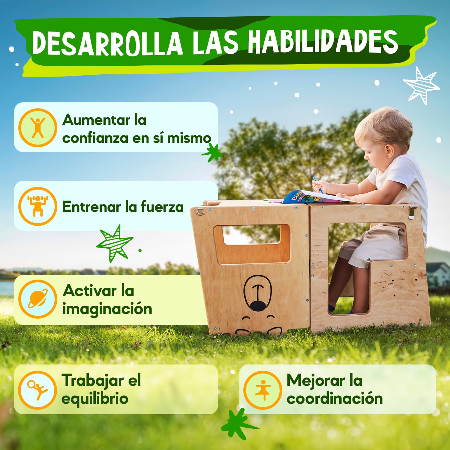 KAUZA Torre de Aprendizaje Montessori Plegable para Niños – Ajustable en Altura, Transformable en Mesa y Silla, Ideal para la Cocina, Juegos y Actividades, Seguridad Garantizada, Madera Natural