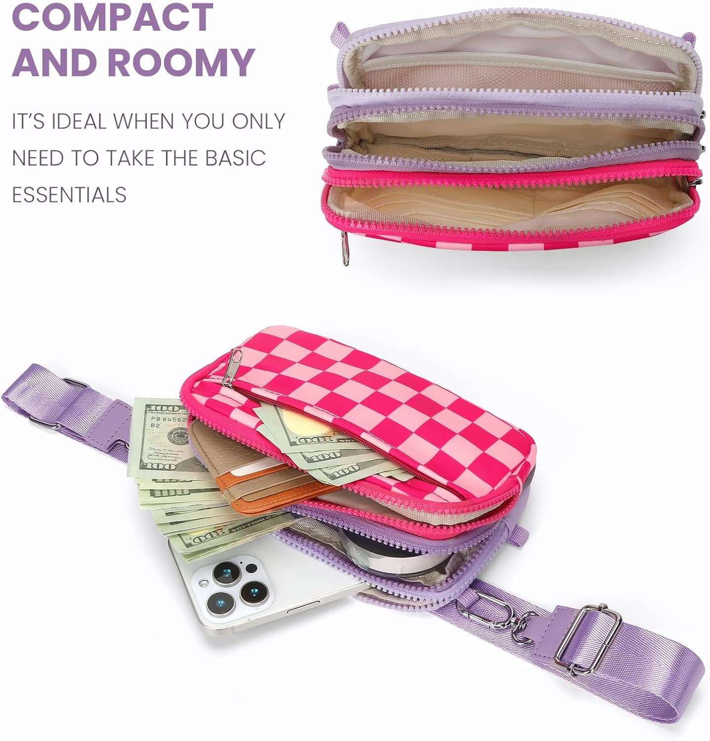 Checkered Wristlet Wallet for Women Tri-tone Cute Nylon Wristlet Purse with 5 zippers and ID Window Credit Card Holder - Image 5