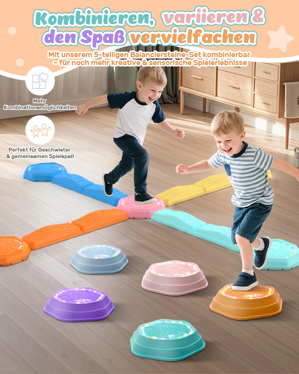 Holyton Balanciersteine für Kinder, LED Sprungsteine mit Musik & Licht, Reaktionsspiel mit 7 Tönen, Motorik & Koordination Training, Indoor Spielzeug mit 13 Teilen