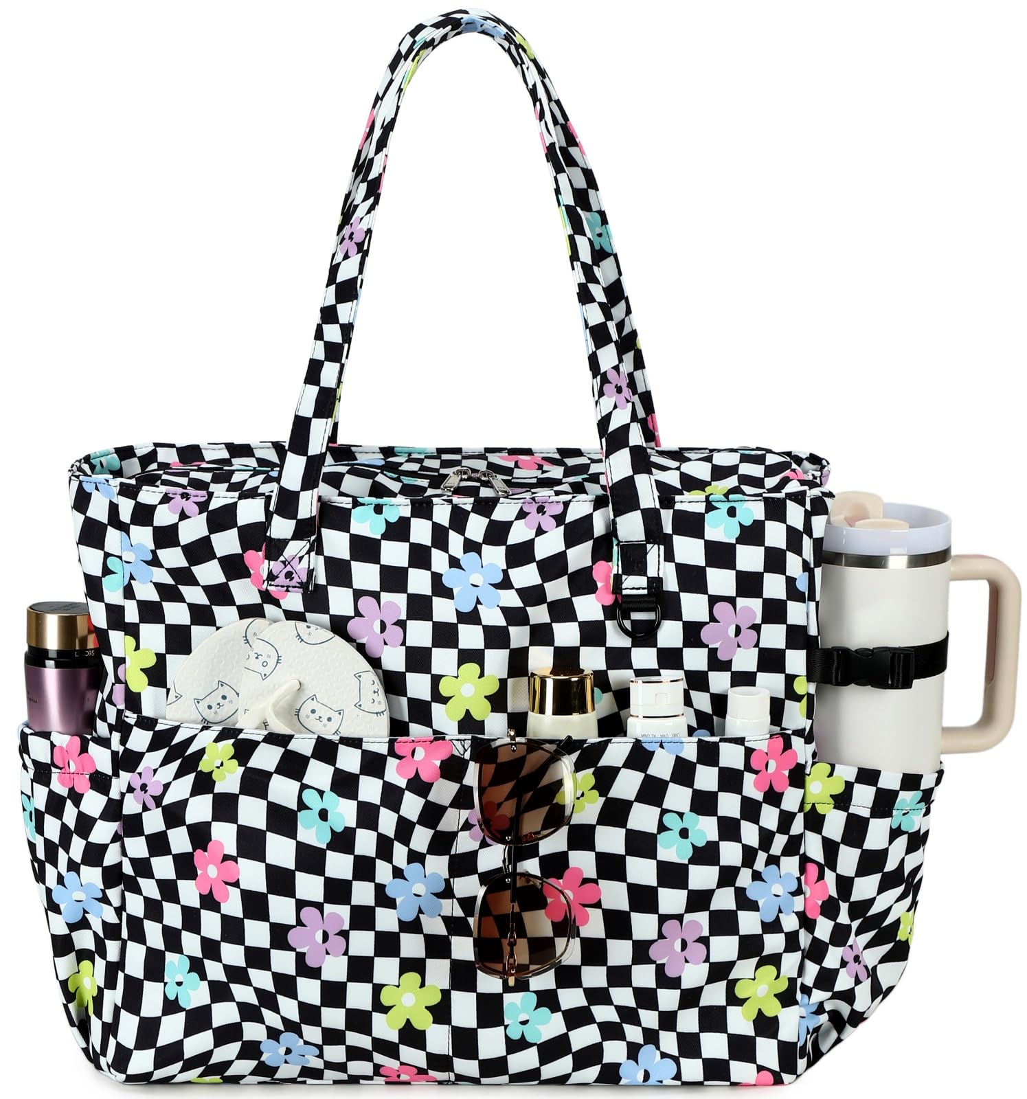 Bluboon Beach Bags for Women, Large Waterproof Tote Bag With Wet Compartment for Pool Weekender Travel Gym, Black White Checkered-colorful Flowers, XL