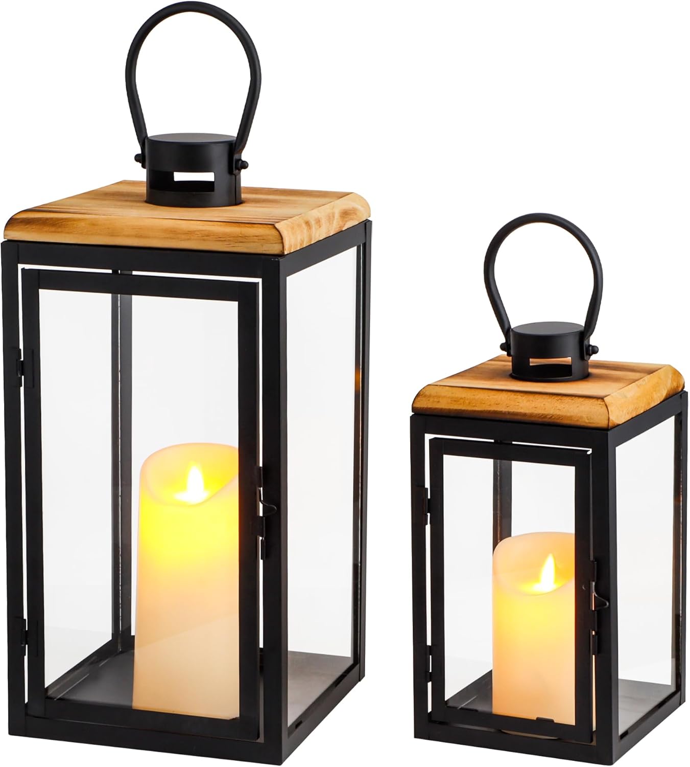 TRIROCKS Set of 2 Decorative Candle Lantern 16'' & 11'' High Metal Candle Holder Hanging Lantern Perfect for Home Decor Patio Living Room Parties Events Tabletop Indoors Outdoors (Black)