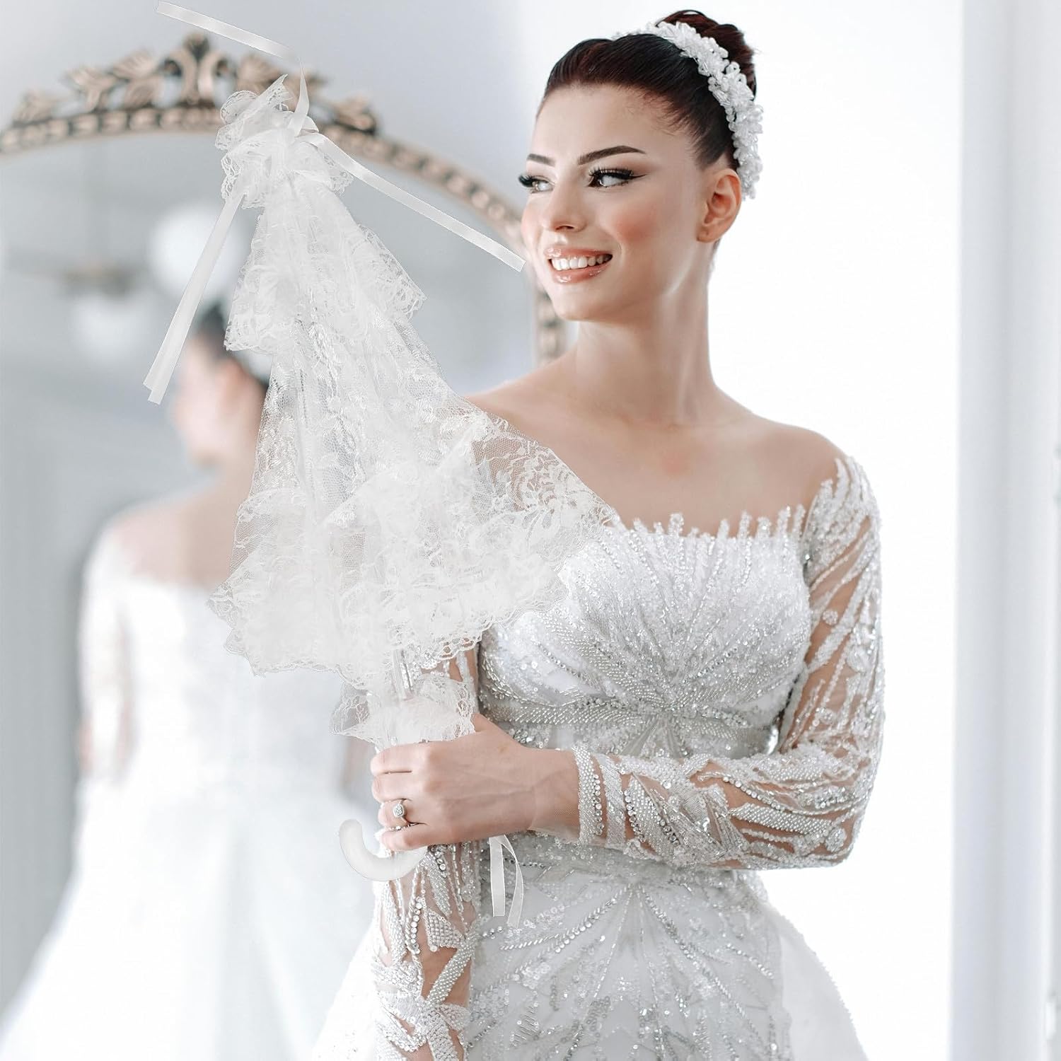 Vintage Bridal Lace Parasol Umbrella for Wedding Photography Bride White
