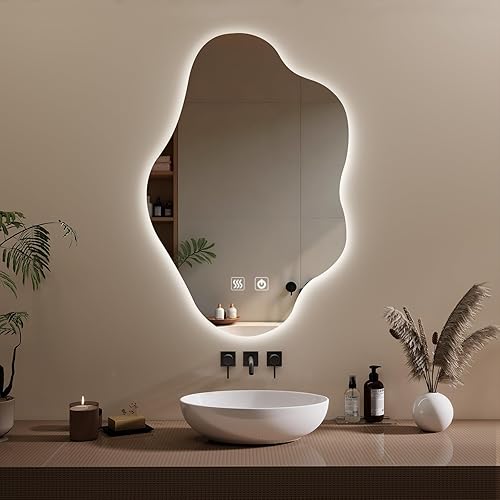 Espejo de baño LED asimétrico con luces, espejo de pared de baño irregular, espejo de tocador para pared con retroiluminación/antiniebla/iluminación