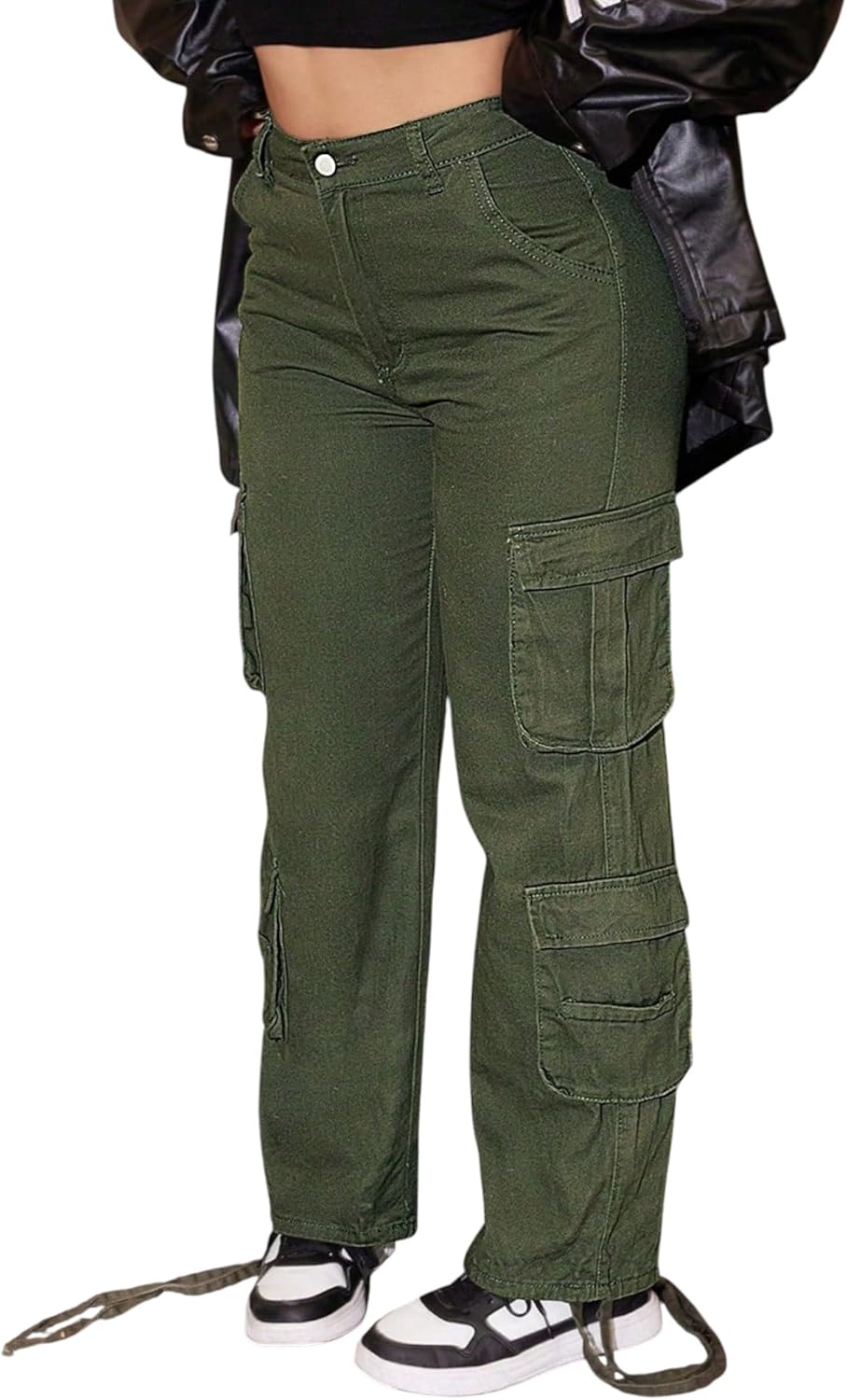 Women's Cargo Pants Loose Mid Waisted Denim Jeans Boyfriend Straight Trousers Pant Legs Drawstring with Multi-Pockets