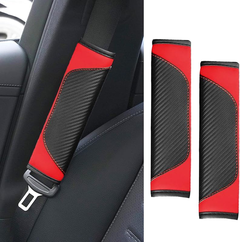 2PCS Car Seat Belt Cover Pads, Seatbelt Shoulder Cushion (Red) | Carbon Fiber PU Leather, Scratch & UV Resistant, Relieves Neck & Shoulder Pressure, Tool-Free Install, Universal Fit