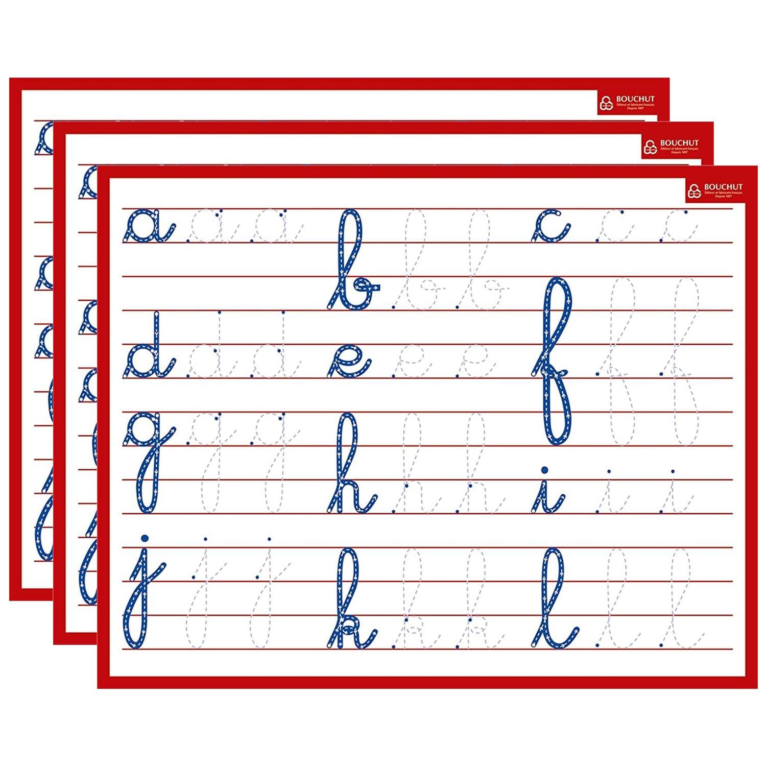 BOUCHUT Lot de 3 Ardoises rigide effaçable à sec Minuscules Cursives 21 x 26,5 cm