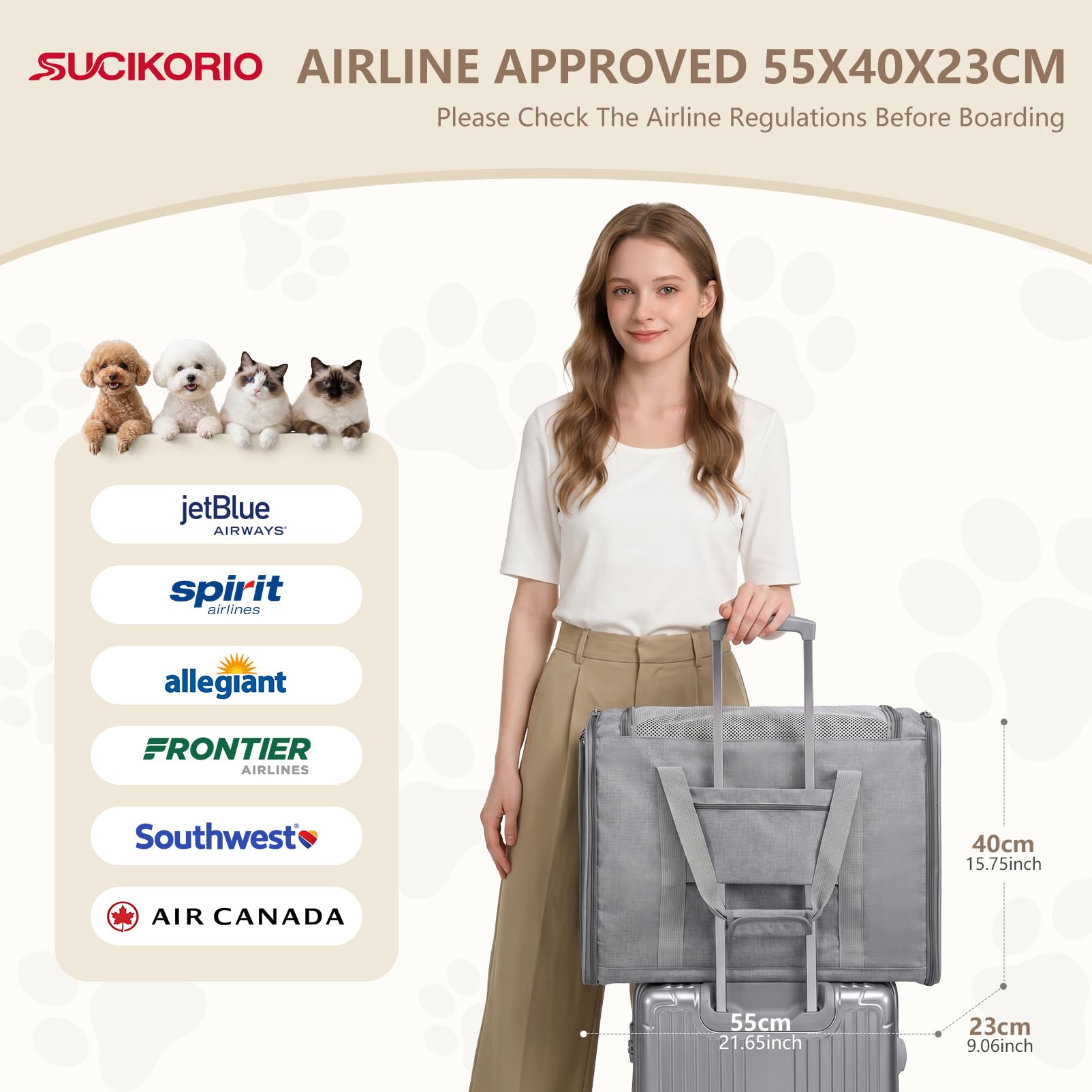 Transportin Gato Homologado 55x40x23cm Para Avion Cabina, Plegable Bolsa de Transportin Perro Grande Transpirable Cat Carrier con Bebedero Plegable Para Gatos y Perros, Air Europa Aerolineas