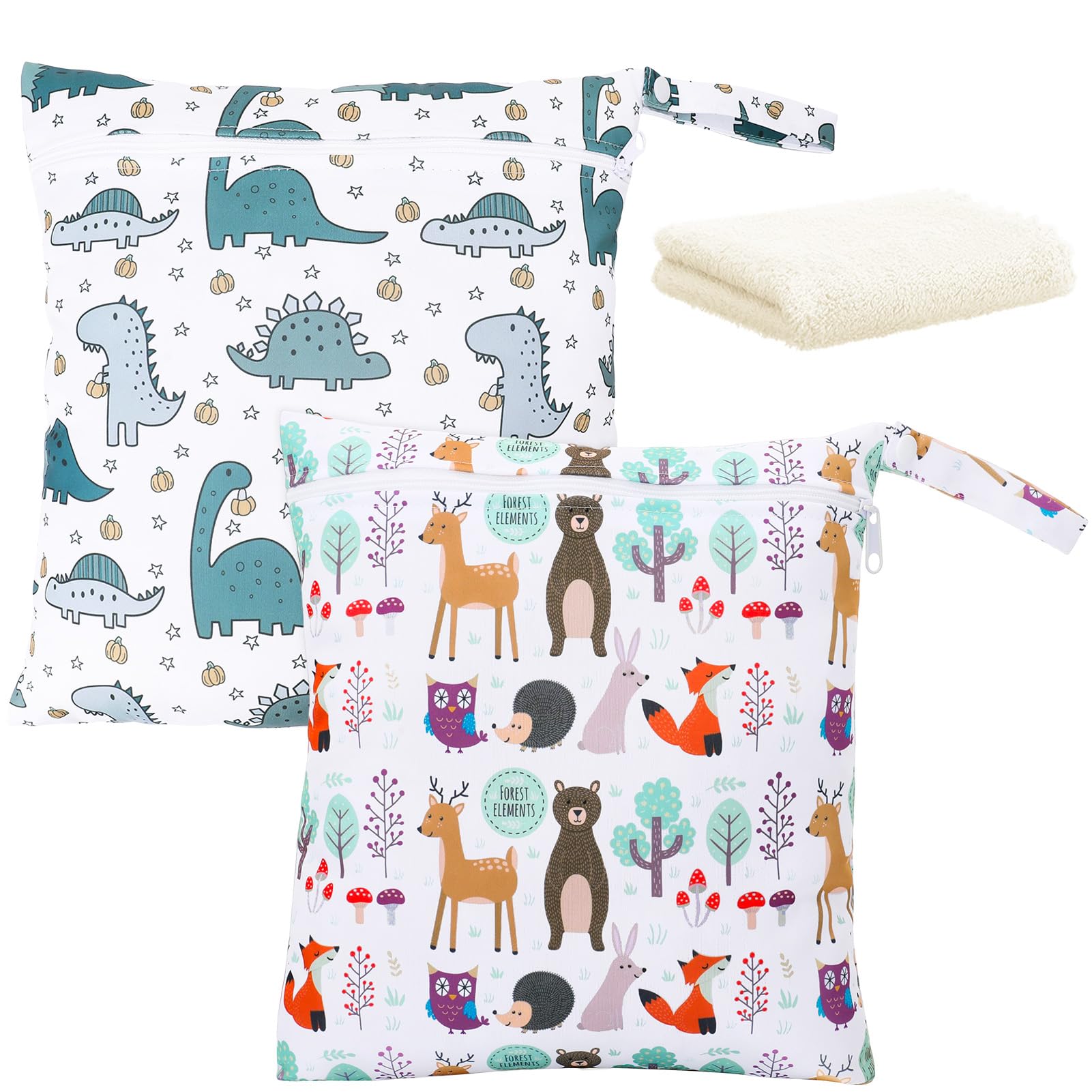 Kaisibum 2 Stück Wetbag Kindergarten + 1 Waschlappen– wasserdichte Nasstasche Baby, Windeltasche für Unterwegs, Wiederverwendbare Wet Bag mit Reißverschluss, Forest Animals, Dinosaurs Pattern