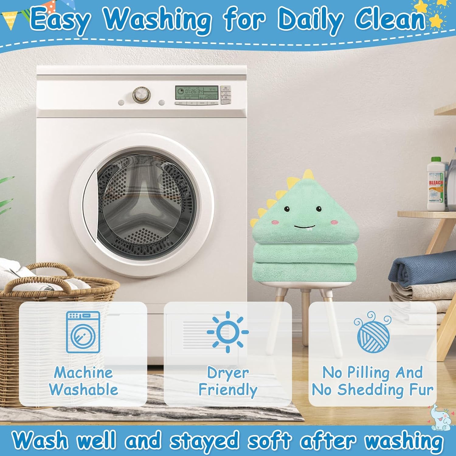 Sublaga 8 Pcs Baby Towel and Washcloths Set, Soft Baby Towels, 2 Pcs 32x32 in Cute Baby Towel with Hood and 6 Pcs Baby Washcloths for Infants, Toddlers and Kids (Green Elephant & Dinosaur)