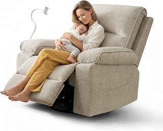 YuuYee Nursery Glider Recliner Rocking Chair with Phone Holder - Velvet Beige Swivel Rocker for Breastfeeding Comfort