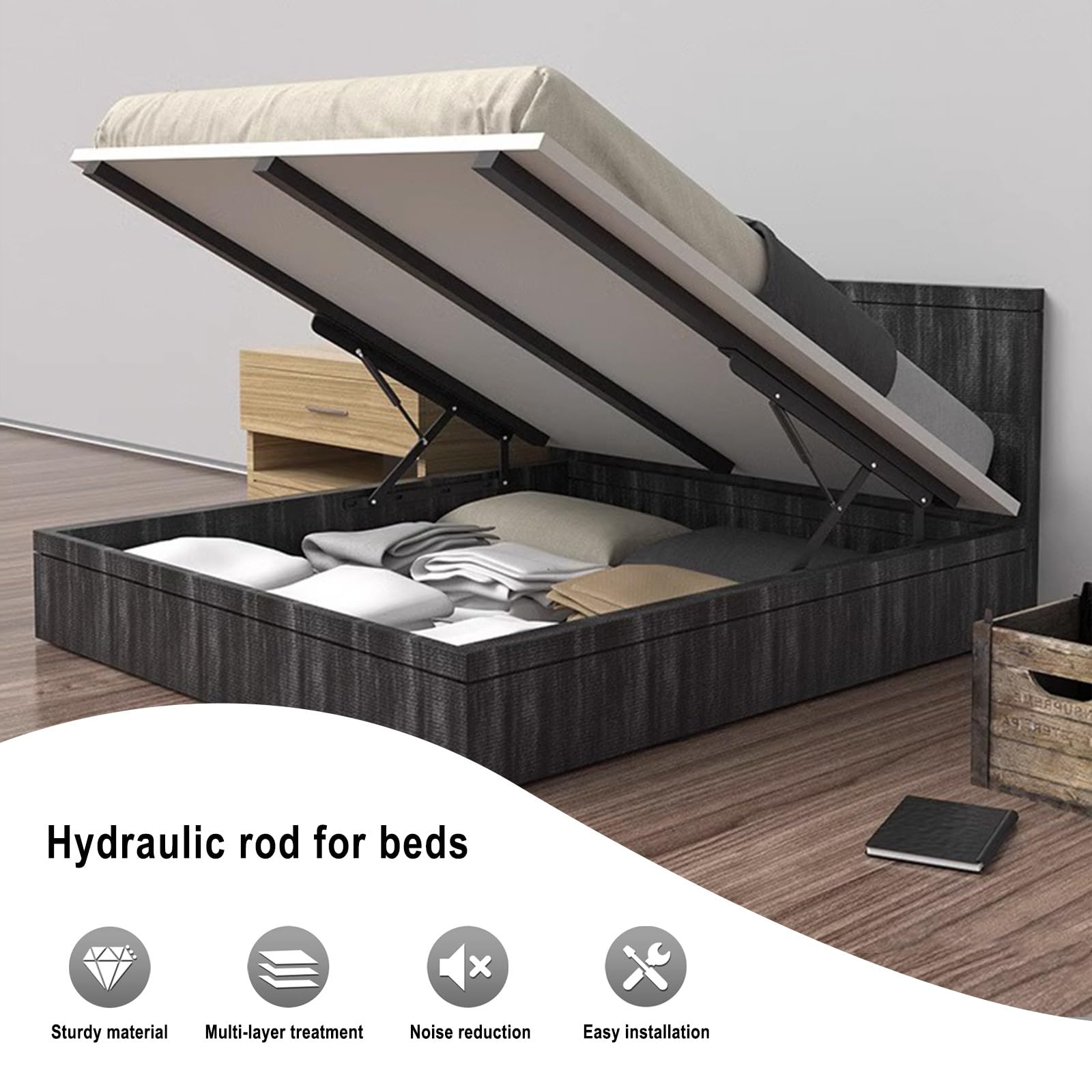 Paquete De 2 Mecanismos De Cama Hidráulicos De Alta Resistencia, Varilla De Soporte De Tatami Con Resortes, Construcción De Acero Reforzado, Bastidor De Soporte Hidráulico Para La Cama(Noir,63cm/24.8i
