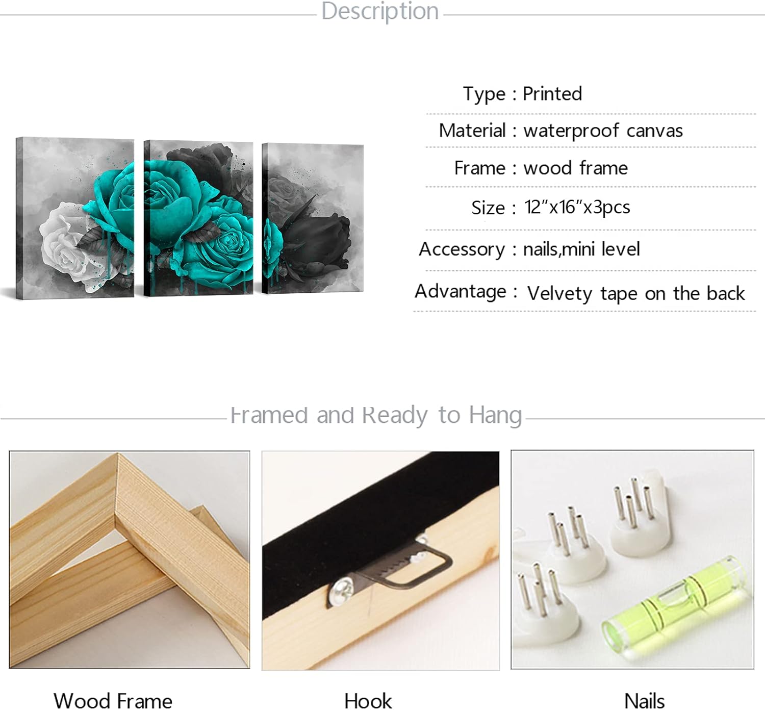 sechars Teal and Grey Canvas Wall Art Rose Flower Painting Picture Turquoise Floral Prints Teal Bedroom Bathroom Decor - Image 6