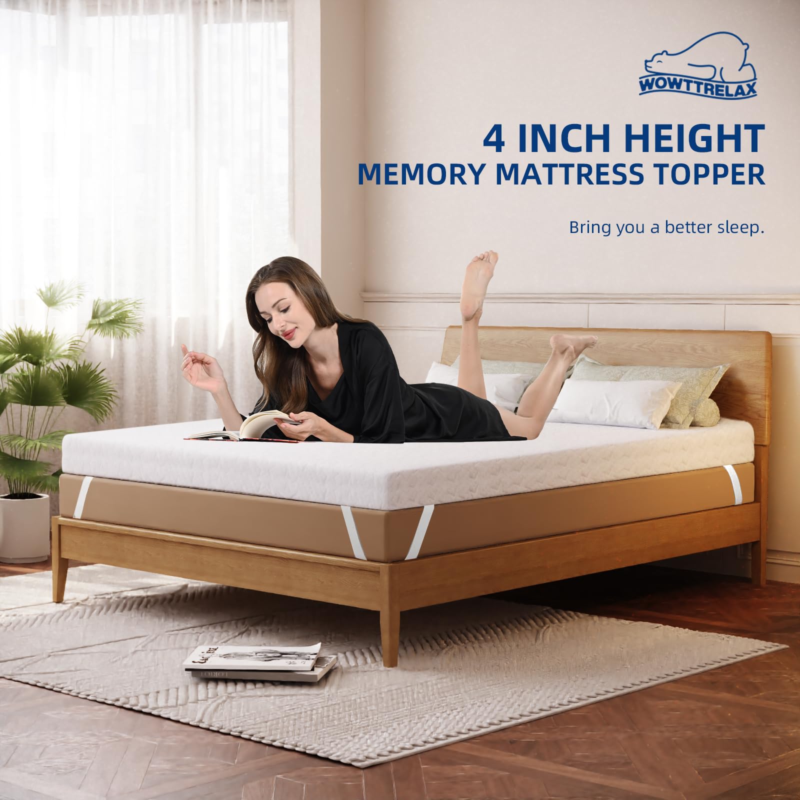 wowttrelax Cubrecolchón de espuma viscoelástica para cama individual, cubrecolchón ortopédico de 4 pulgadas de grosor para aliviar el dolor de espalda, funda lavable con correas elásticas, 90 x 190